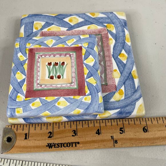 Mackenzie Childs 6X6 & 4X4 Aaslmeer Tiles Trivet Tulips Pastel Floral set of 2 - Picture 8 of 8